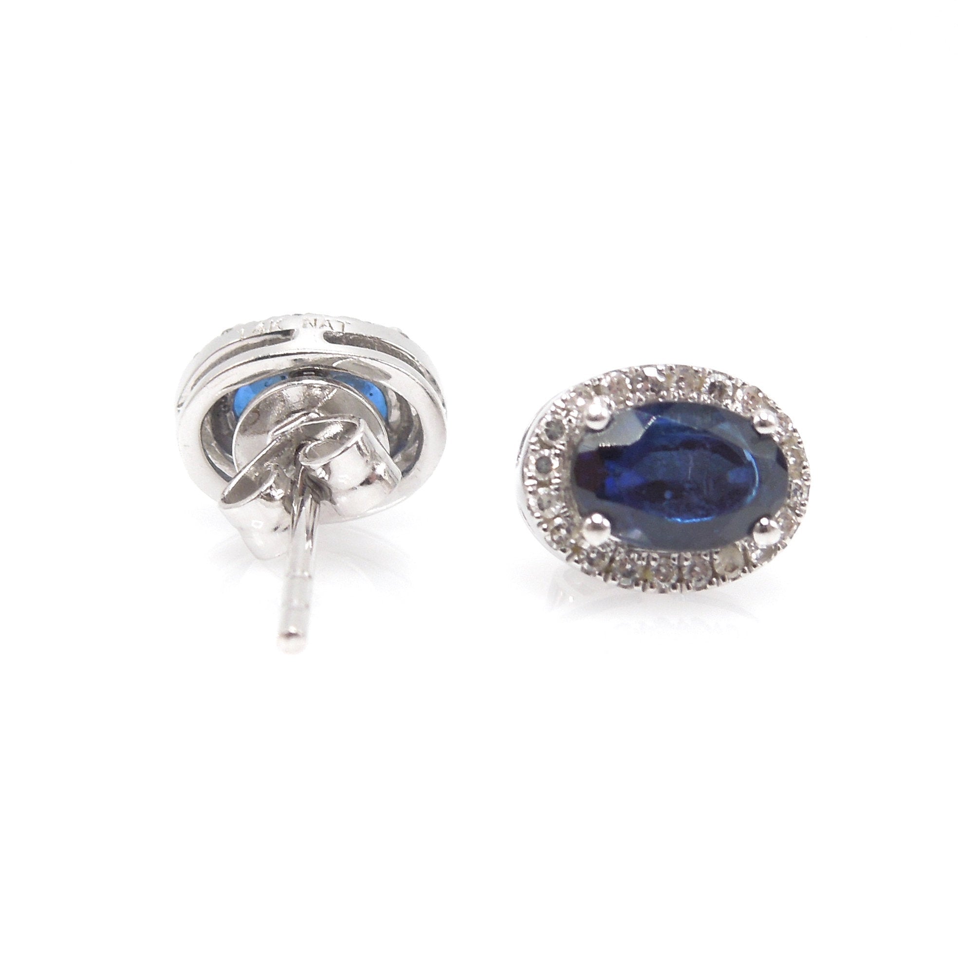 Oval 1.40ct Blue Sapphire Stud Earrings with Diamond Halo in White Gold