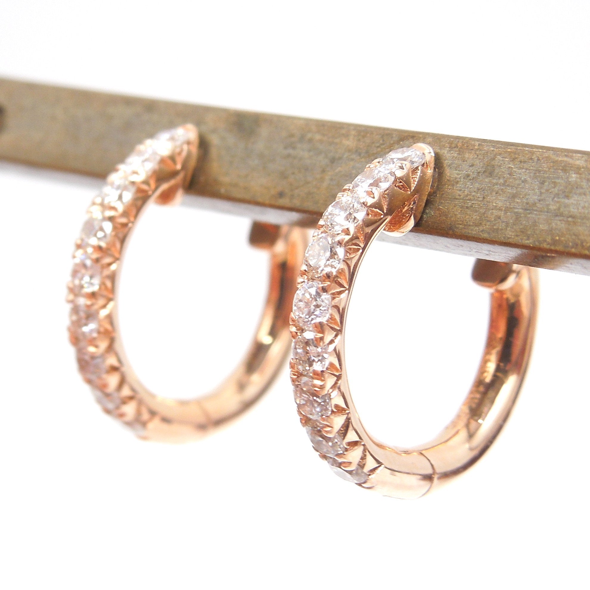 14K Rose Gold and Diamond Huggies - Petite Hoop Earrings