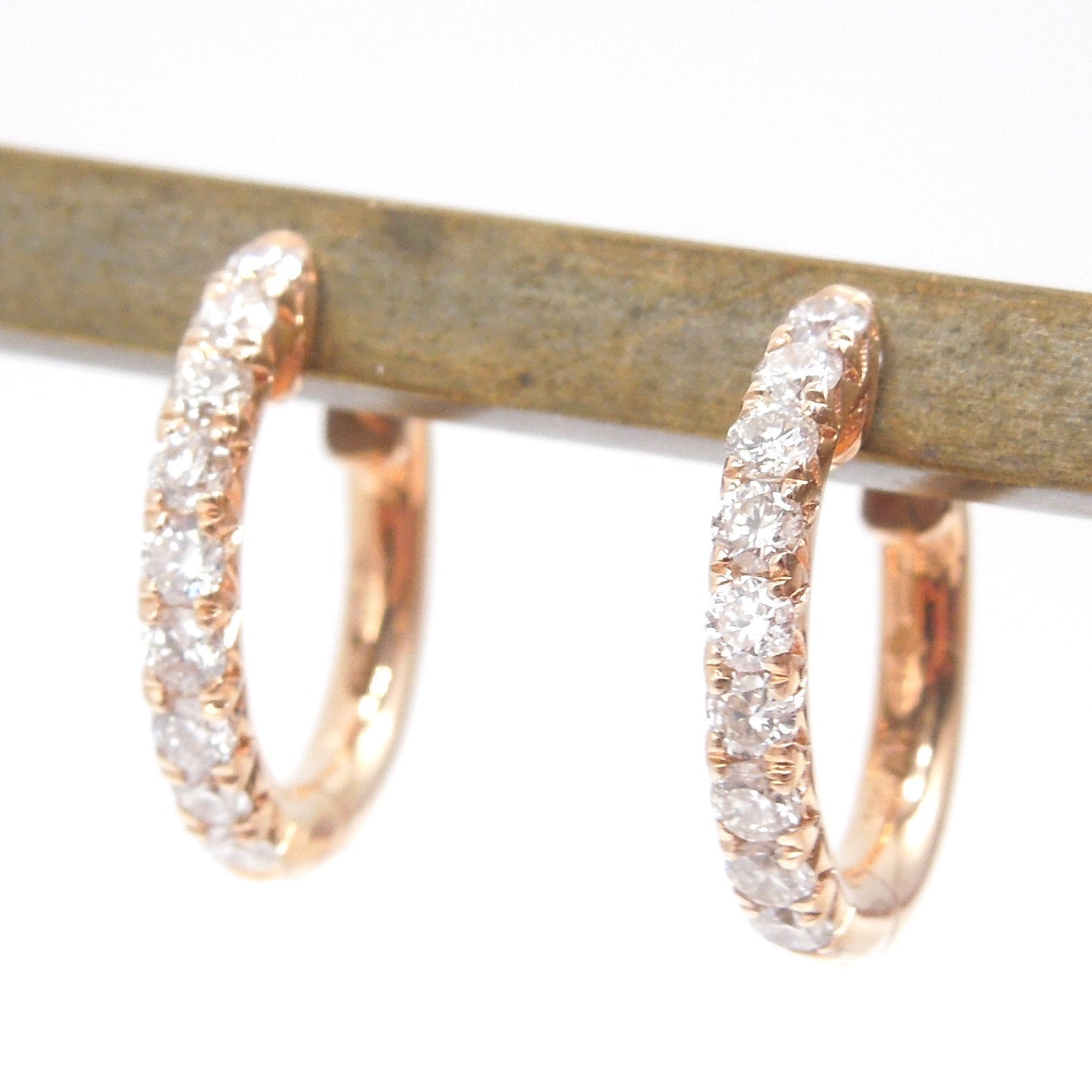 14K Rose Gold and Diamond Huggies - Petite Hoop Earrings