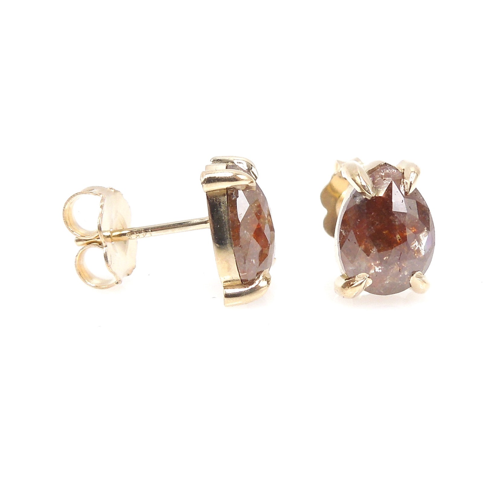 Brown Salt and Pepper Rose Cut Pear Shaped Diamond Stud Earrings in Yellow Gold