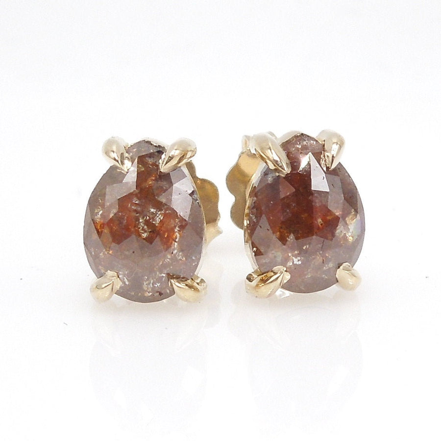 Brown Salt and Pepper Rose Cut Pear Shaped Diamond Stud Earrings in Yellow Gold