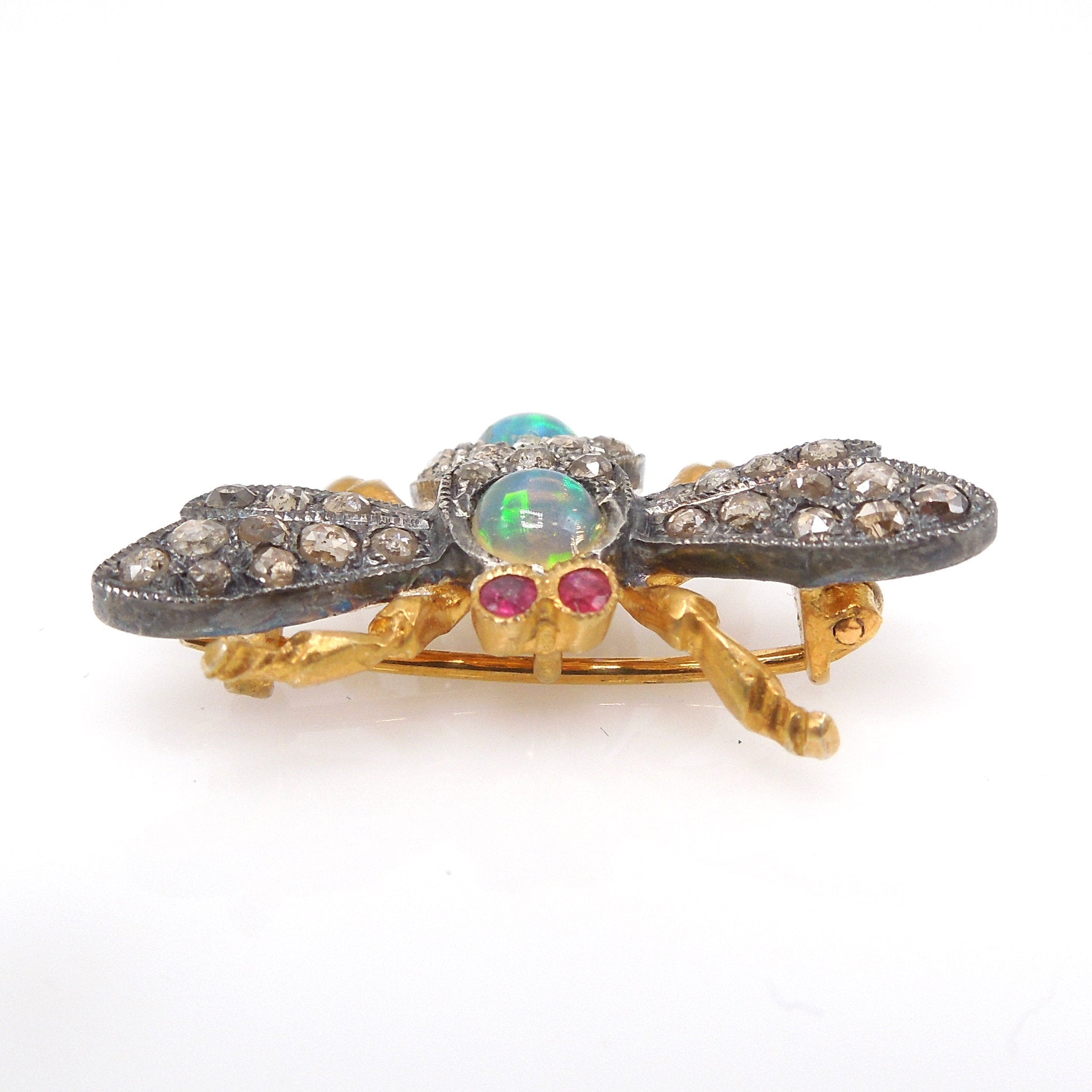 Pair of Gilded and Oxidized Sterling Silver Bee Pin/Pendants with Opals, Diamonds, and Sapphires