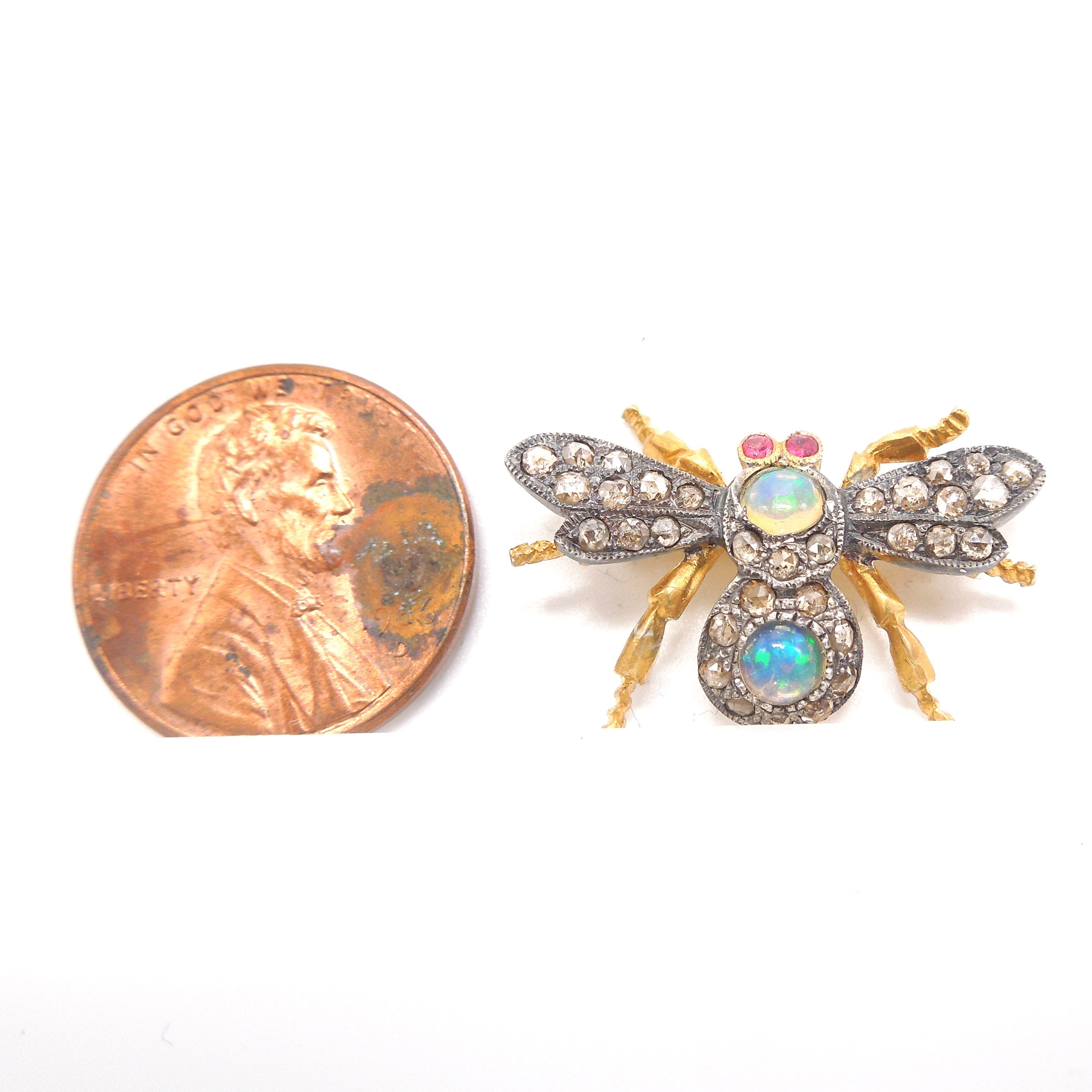 Pair of Gilded and Oxidized Sterling Silver Bee Pin/Pendants with Opals, Diamonds, and Sapphires