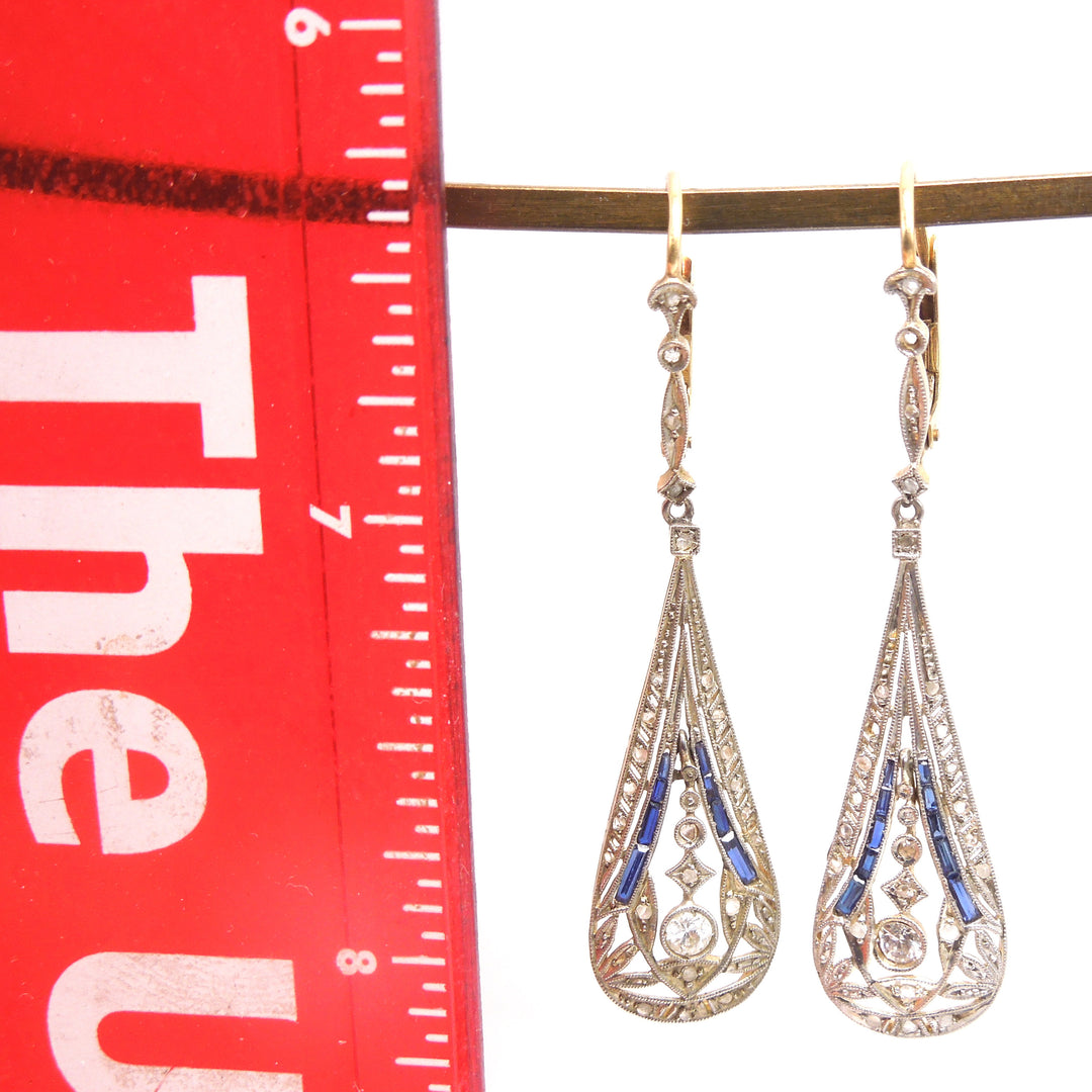 Edwardian Platinum and 18K Yellow Gold Drop Earrings with Sapphires and Diamonds
