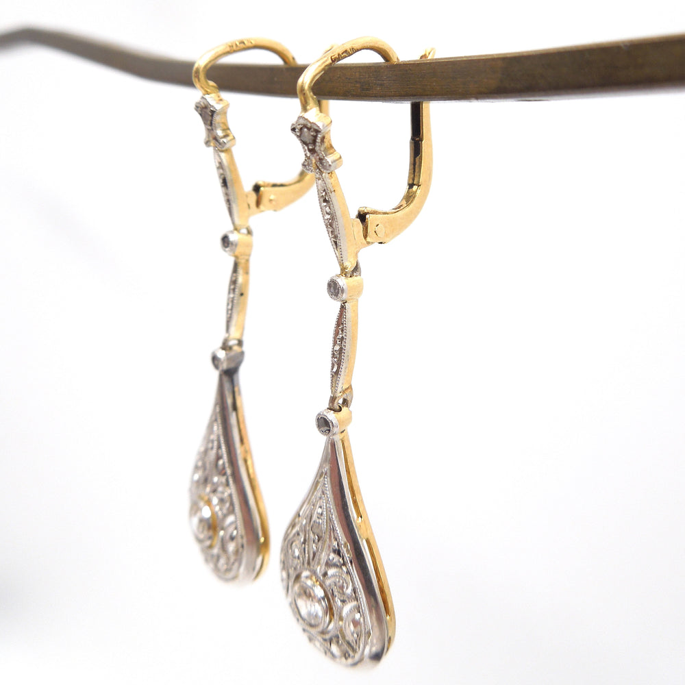 Edwardian Platinum and 18K Yellow Gold Drop Earrings with European and Rose Cut Diamonds