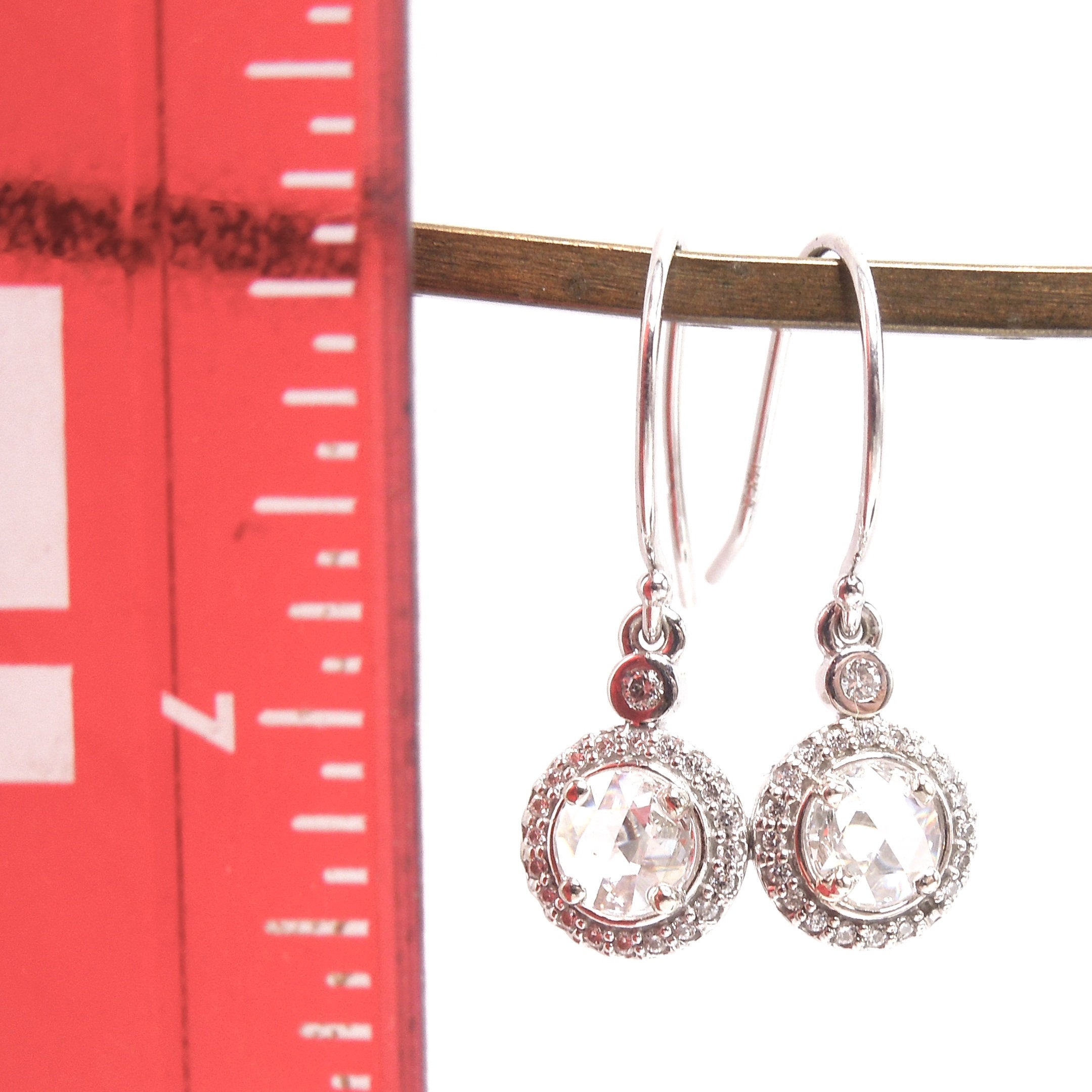 Rose Cut Diamonds and Diamond Halo Drop Earrings in 14K White Gold