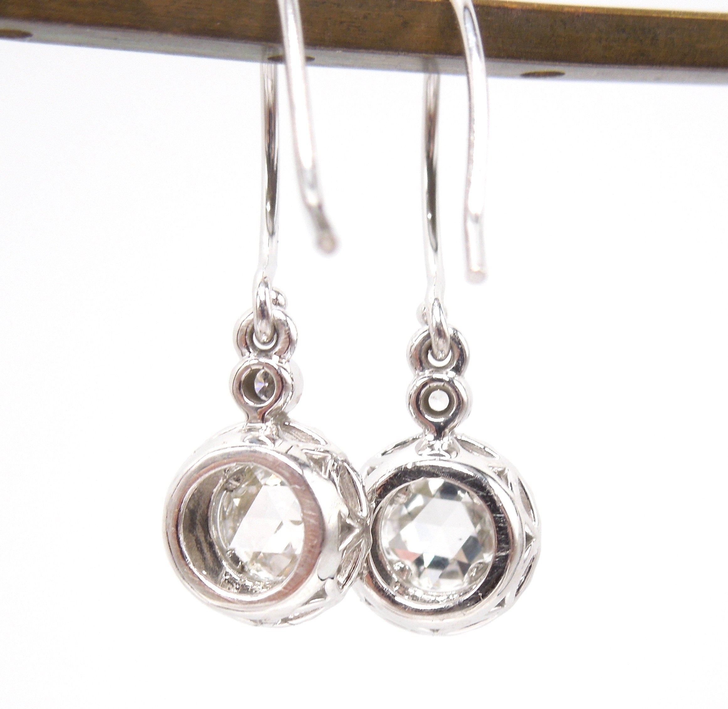 Rose Cut Diamonds and Diamond Halo Drop Earrings in 14K White Gold