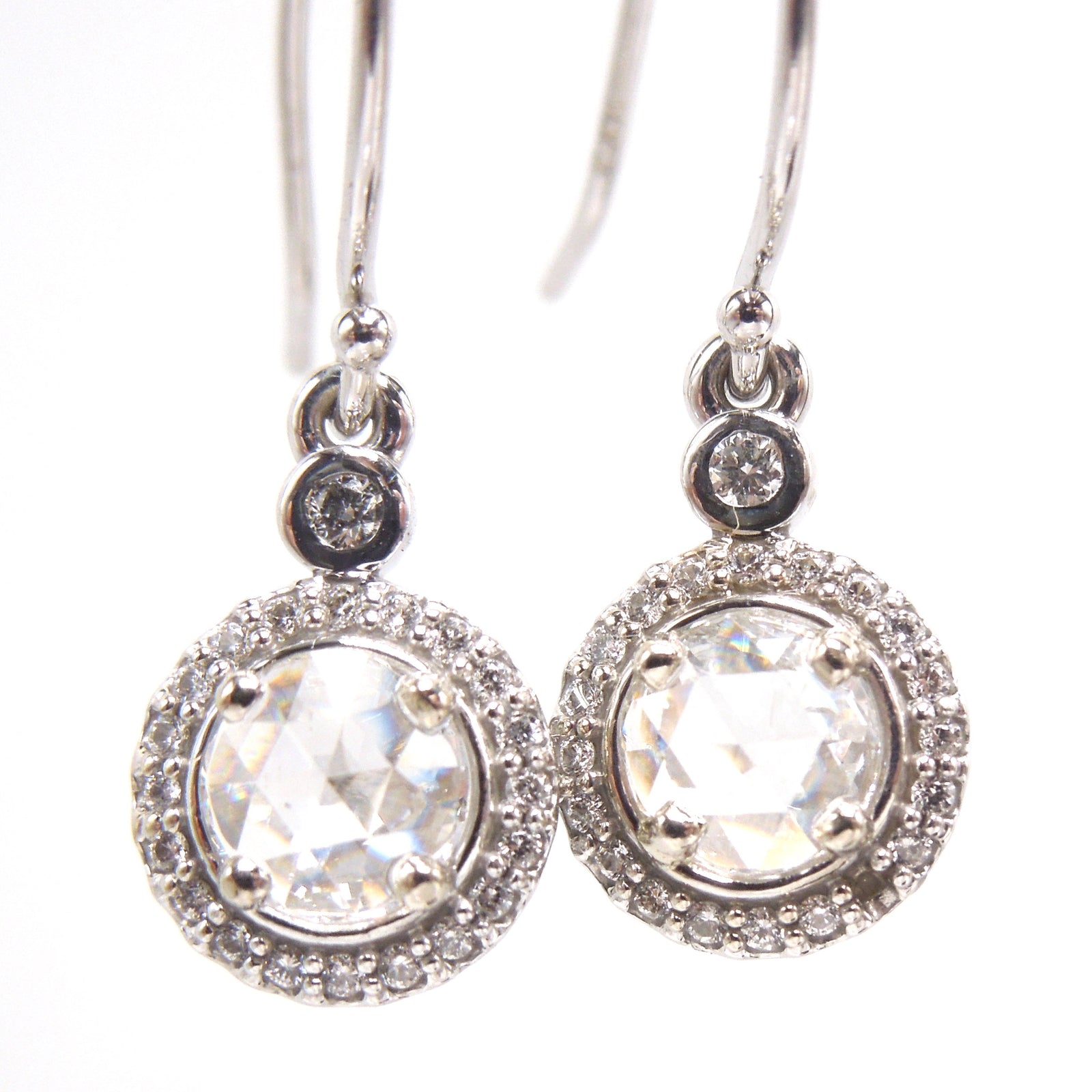 Rose Cut Diamonds and Diamond Halo Drop Earrings in 14K White Gold