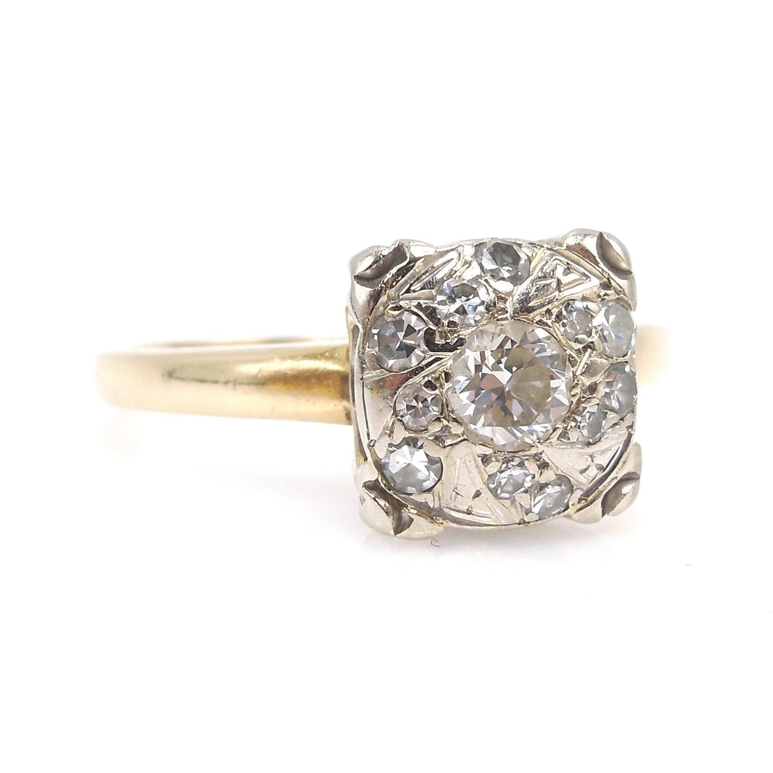 Vintage 1930s Yellow and White Gold Diamond Cluster