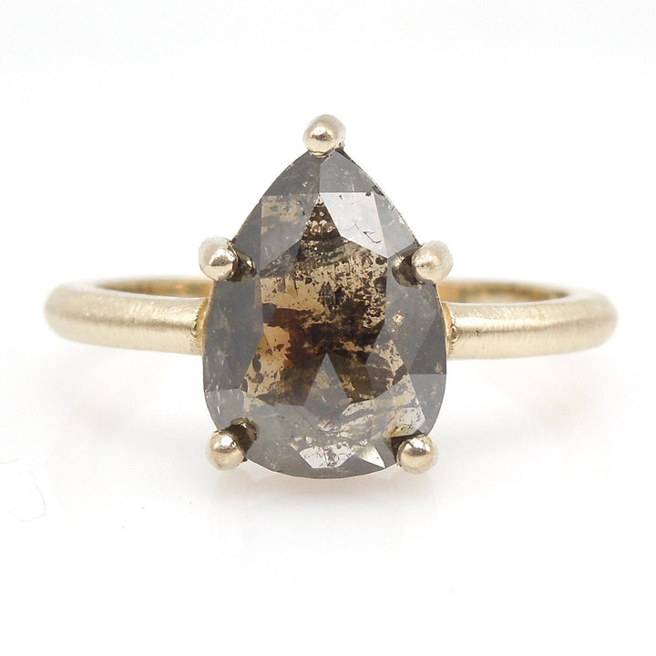 2.00ct Pear Cut Brown Salt and Pepper Rose Cut Diamond Solitaire in 14K Brushed Yellow Gold