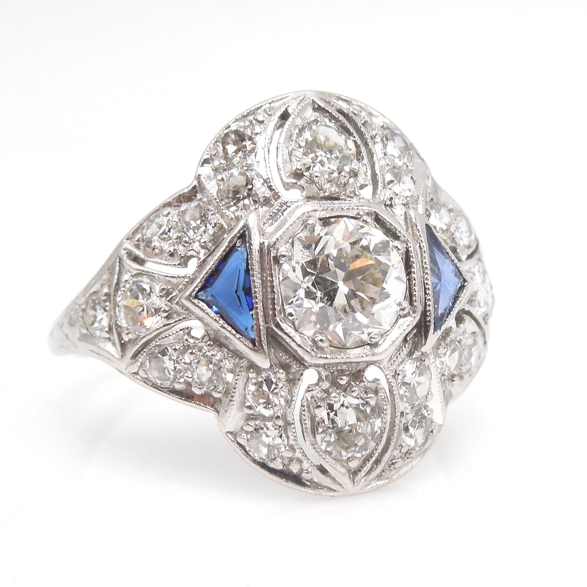 Wide Art Deco European Cut Diamond and Triangle Sapphire Ring in Platinum