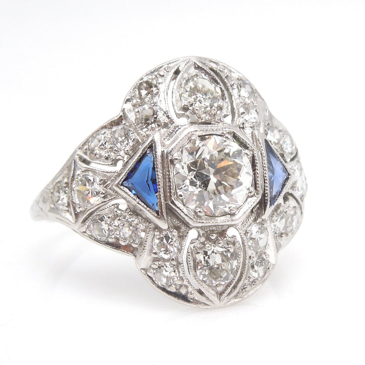 Wide Art Deco European Cut Diamond and Triangle Sapphire Ring in Platinum