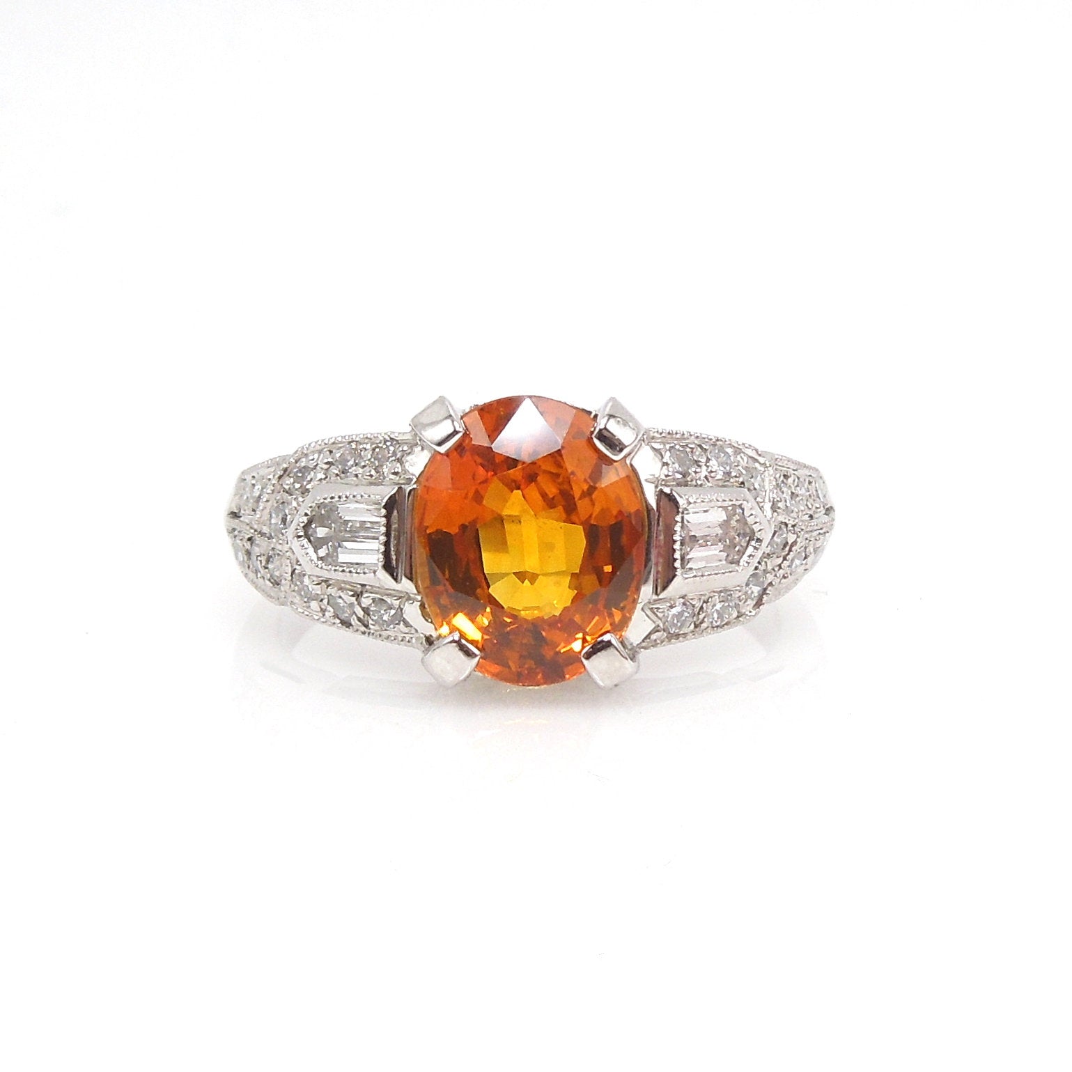 2.03 Carat Oval Cut Orange Sapphire in Art Deco Style Ring in Platinum