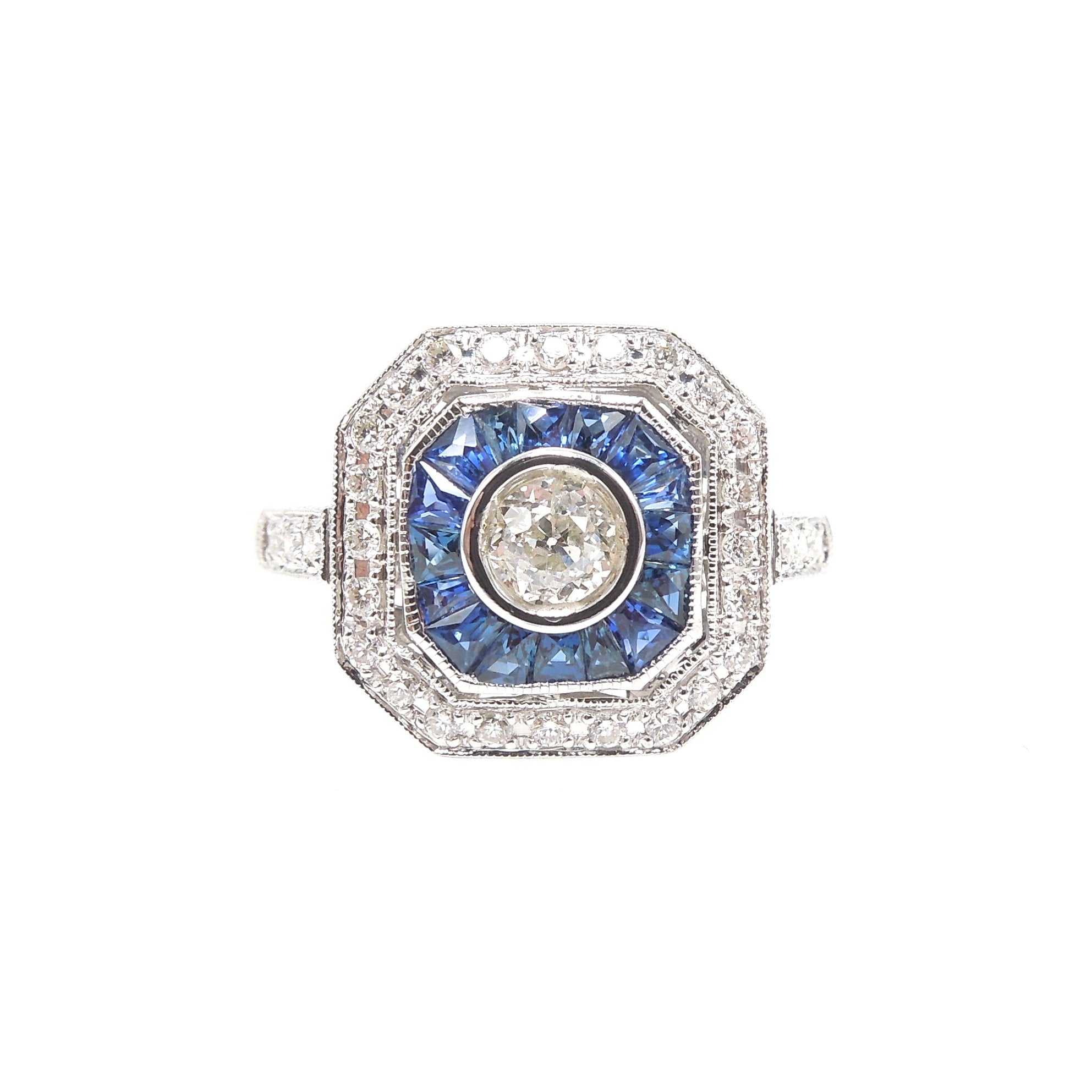 Art Deco Style Square White Gold & Diamond Engagement Ring with Sapphire and Diamond Double Halo