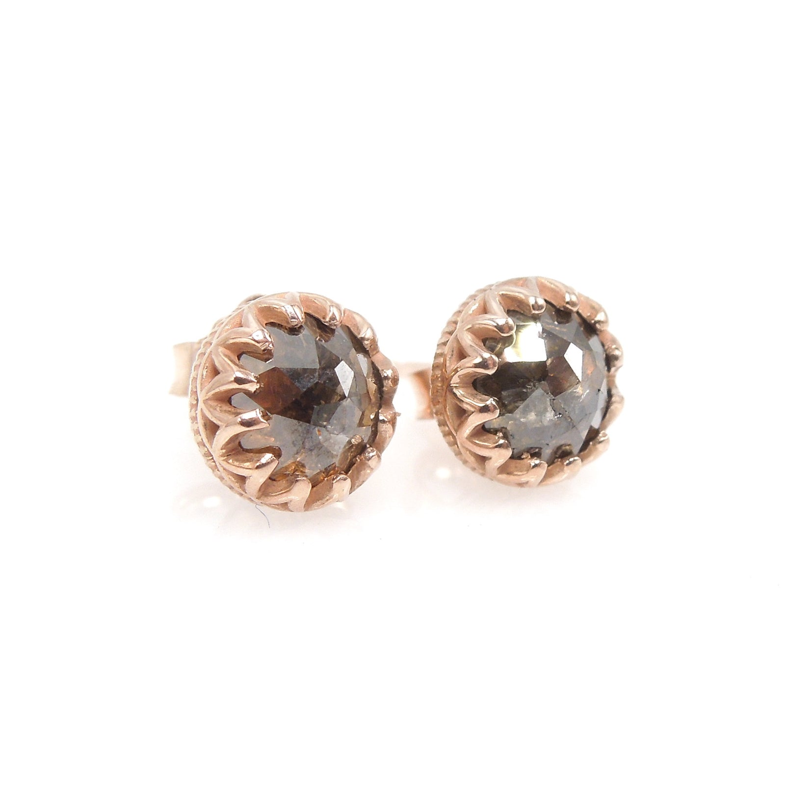 Brown Salt and Pepper Rose Cut Diamond Stud Earrings in Rose Gold