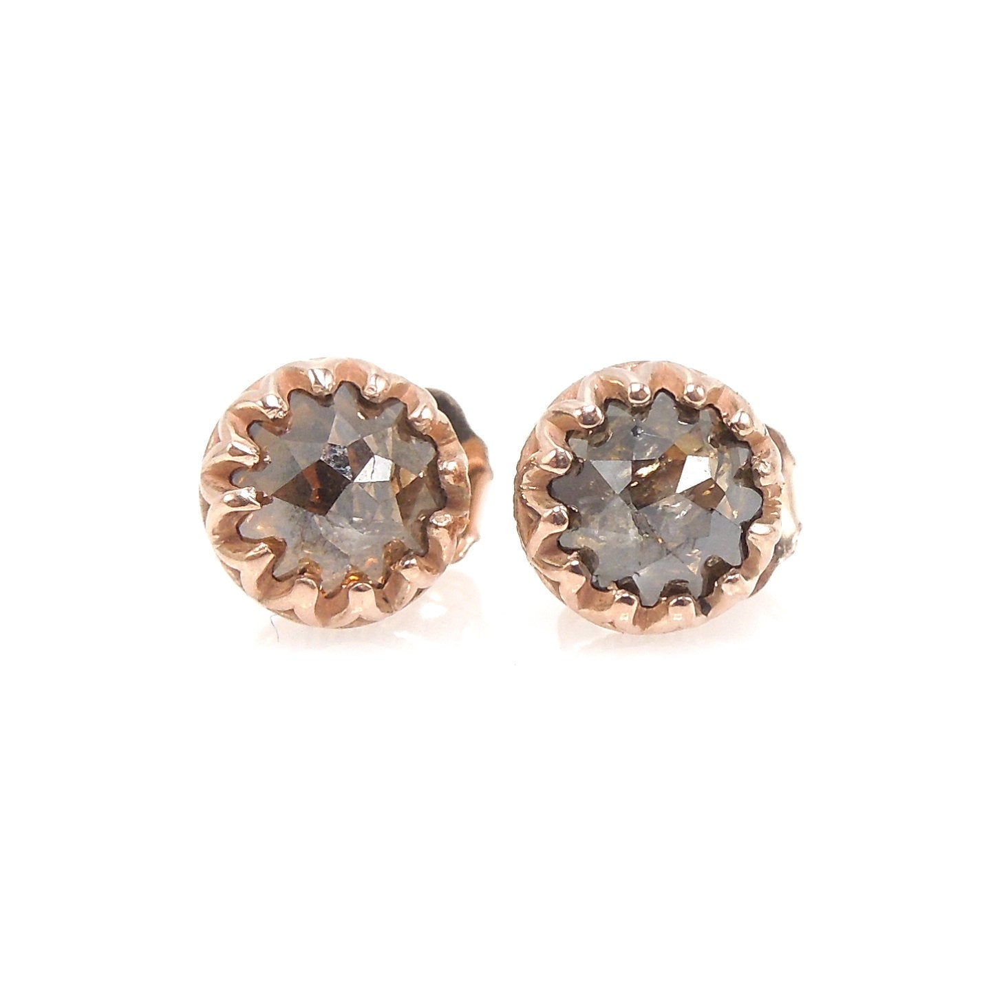 Brown Salt and Pepper Rose Cut Diamond Stud Earrings in Rose Gold