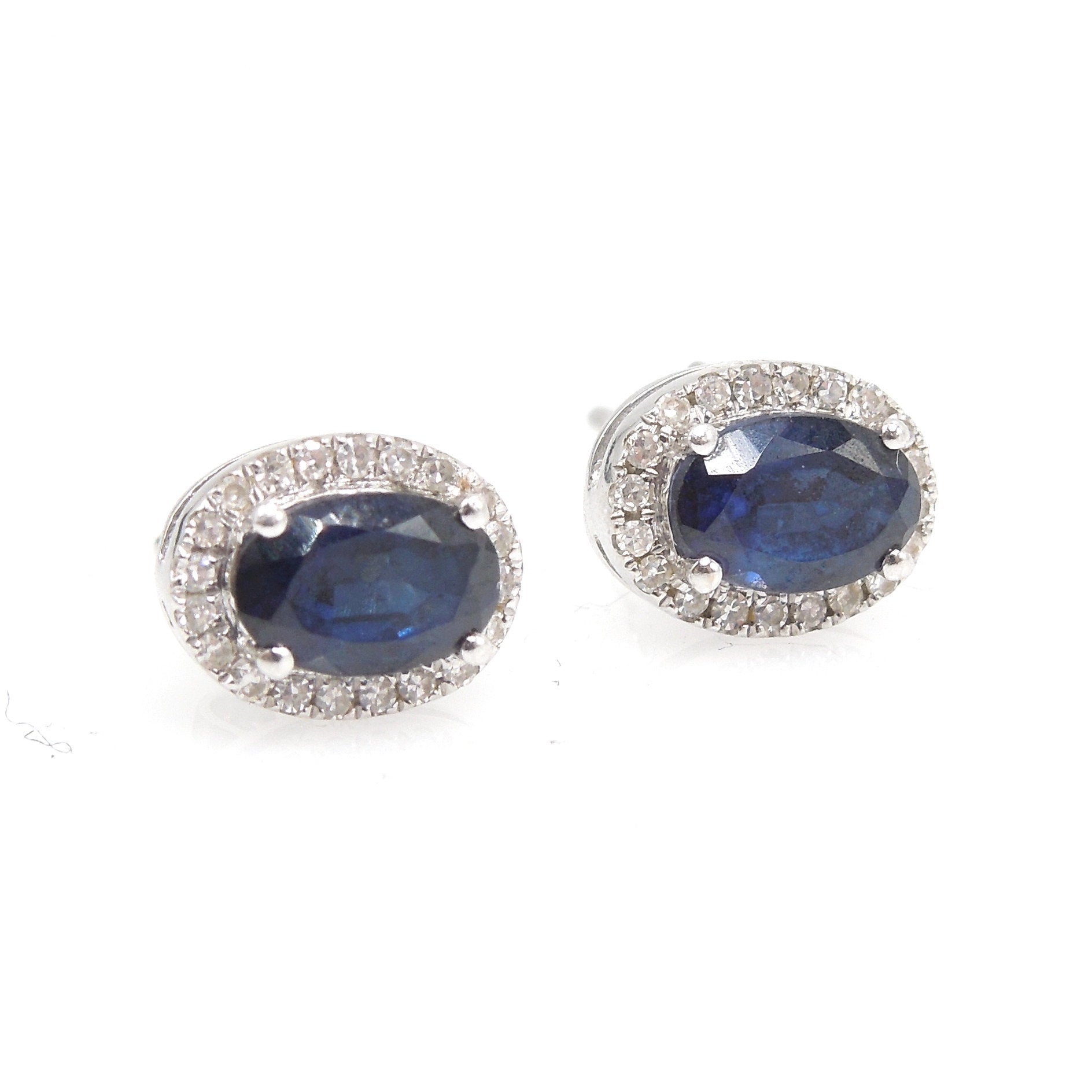 Oval 1.40ct Blue Sapphire Stud Earrings with Diamond Halo in White Gold