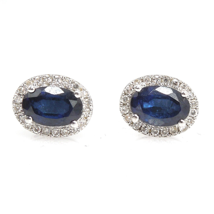 Oval 1.40ct Blue Sapphire Stud Earrings with Diamond Halo in White Gold