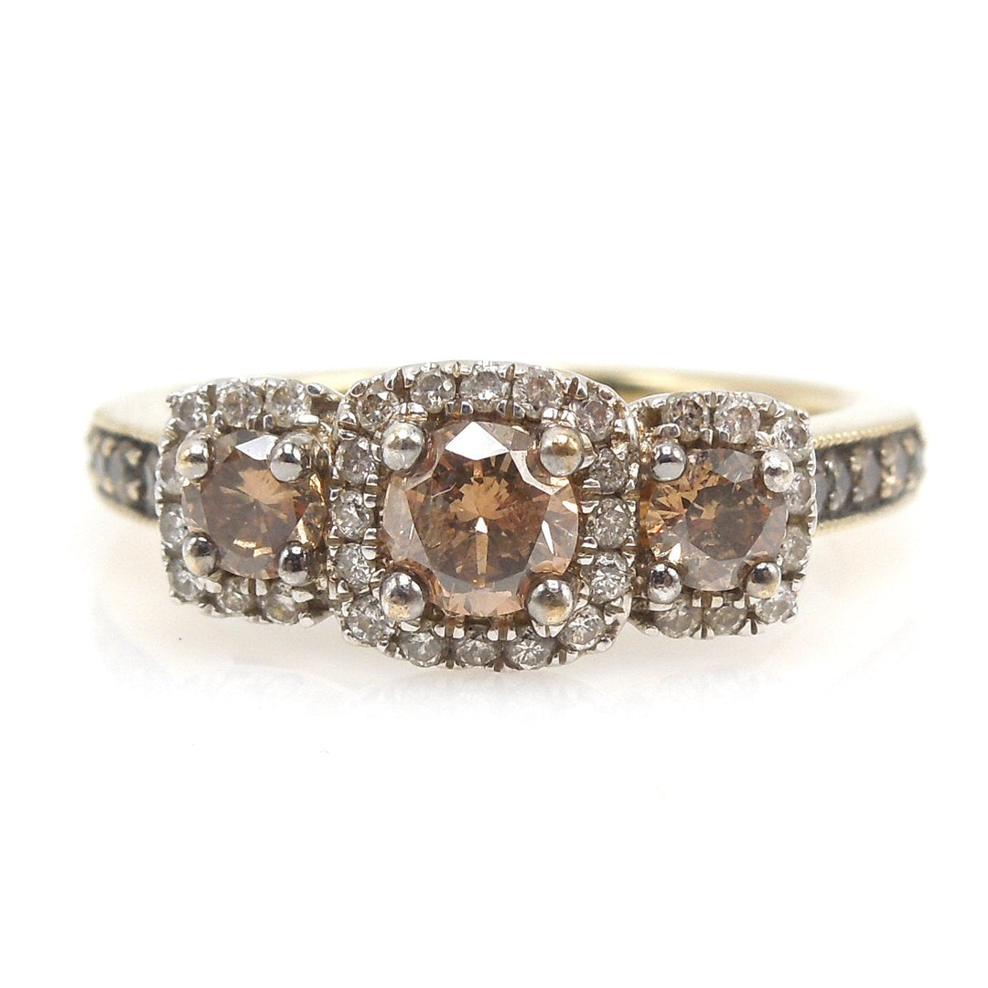 Three Stone Golden Brown Chocolate Diamond Triple Halo Engagement Ring