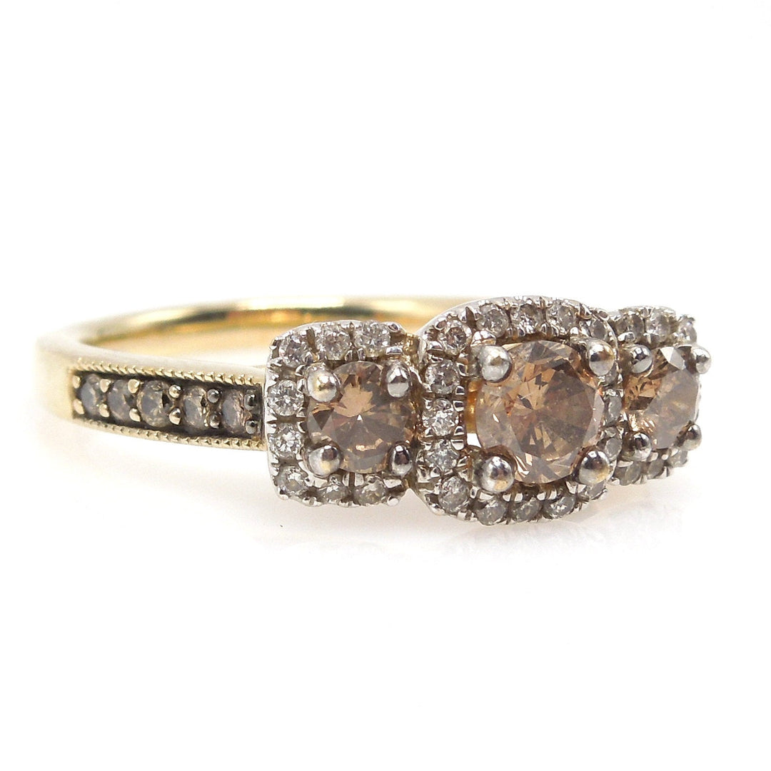 Three Stone Golden Brown Chocolate Diamond Triple Halo Engagement Ring