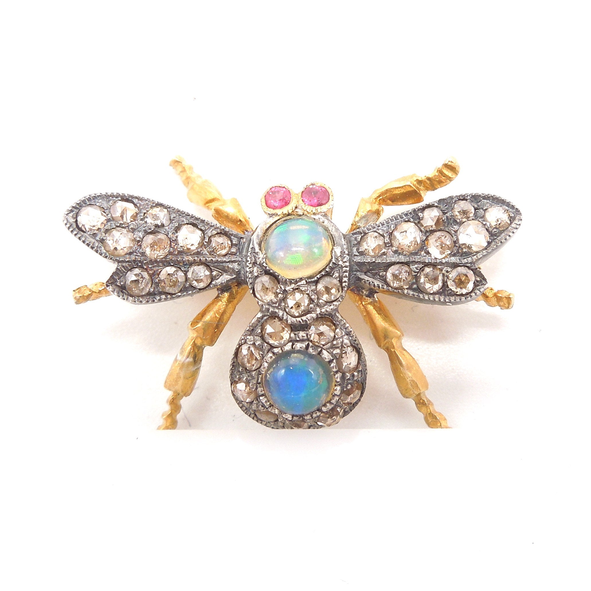 Pair of Gilded and Oxidized Sterling Silver Bee Pin/Pendants with Opals, Diamonds, and Sapphires