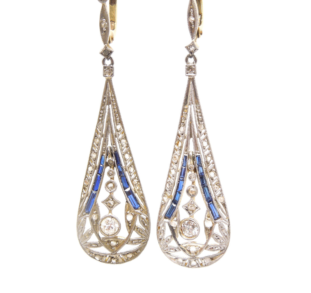 Edwardian Platinum and 18K Yellow Gold Drop Earrings with Sapphires and Diamonds