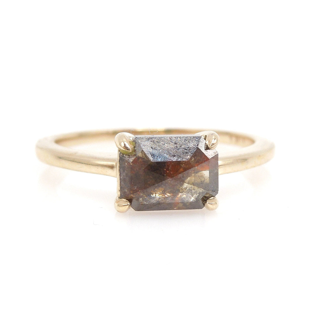 1.50ct Emerald Cut Brown Salt and Pepper Rose Cut Diamond Solitaire in 14K Yellow Gold