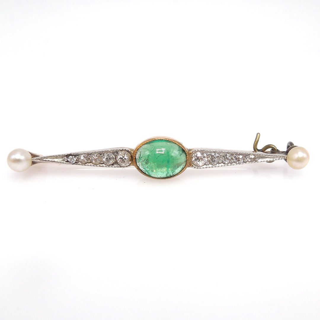 Antique Edwardian Emerald and Diamond Bar Brooch with Pearls in Yellow Gold and Platinum