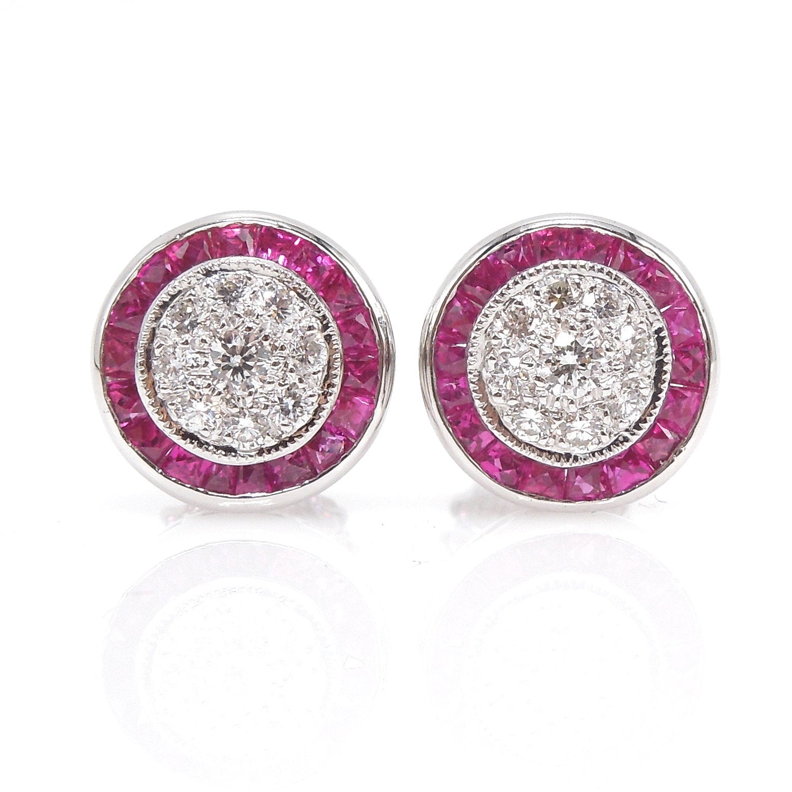 Diamond Cluster Stud Earrings with French Cut Ruby Halo in White Gold