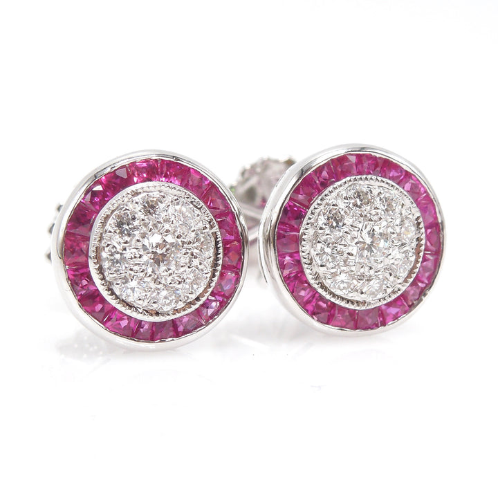 Diamond Cluster Stud Earrings with French Cut Ruby Halo in White Gold