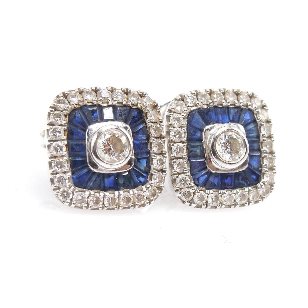 Square Cushion Shaped Diamond Earrings with Diamond and Sapphire Double Halo