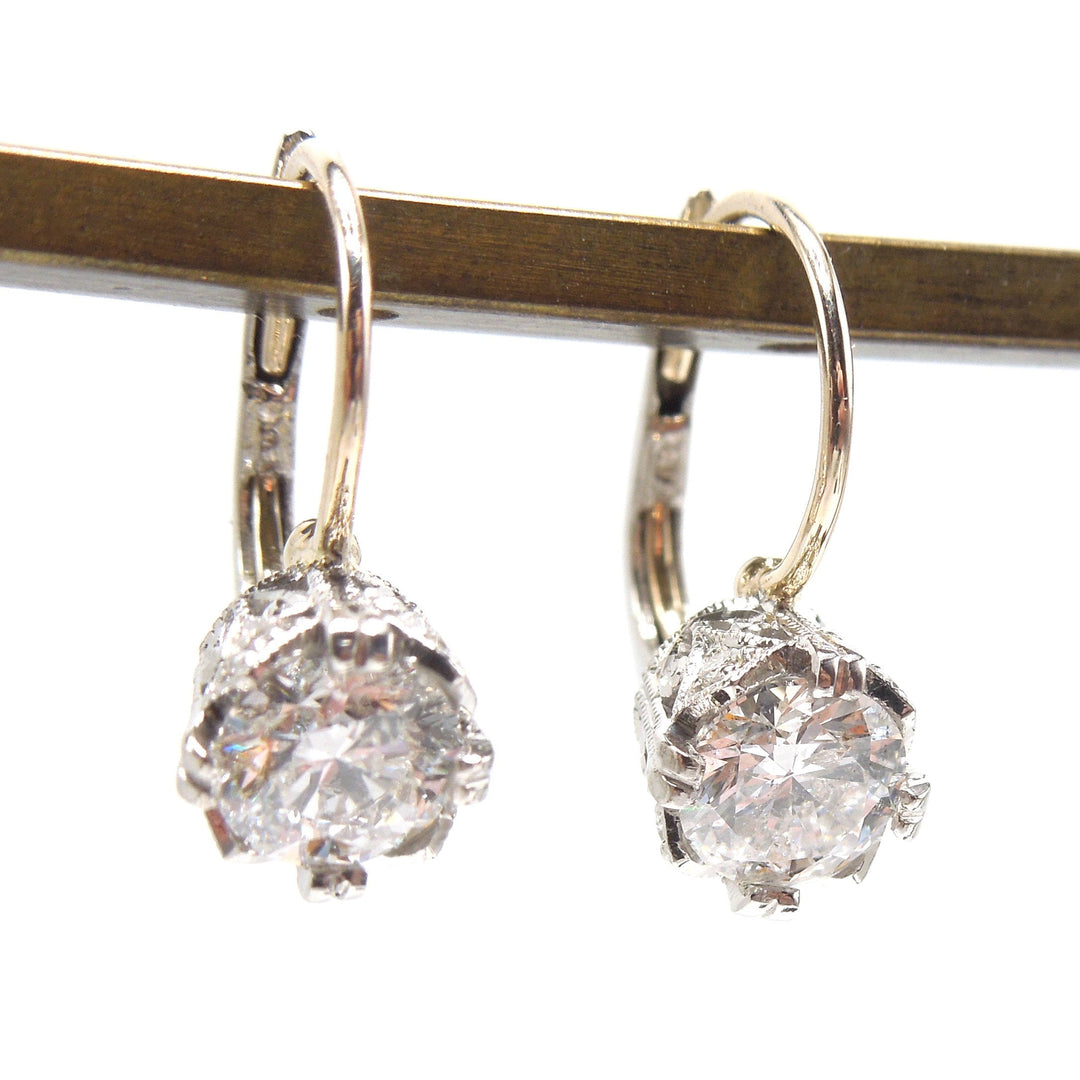 Edwardian Style Palladium 1.09ctw Lever Back Drop Diamond Earrings