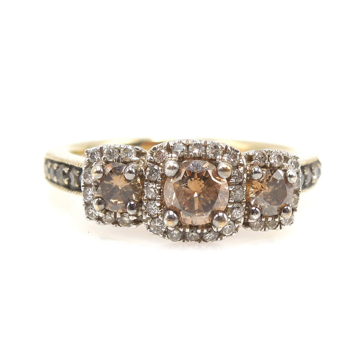 Three Stone Golden Brown Chocolate Diamond Triple Halo Engagement Ring