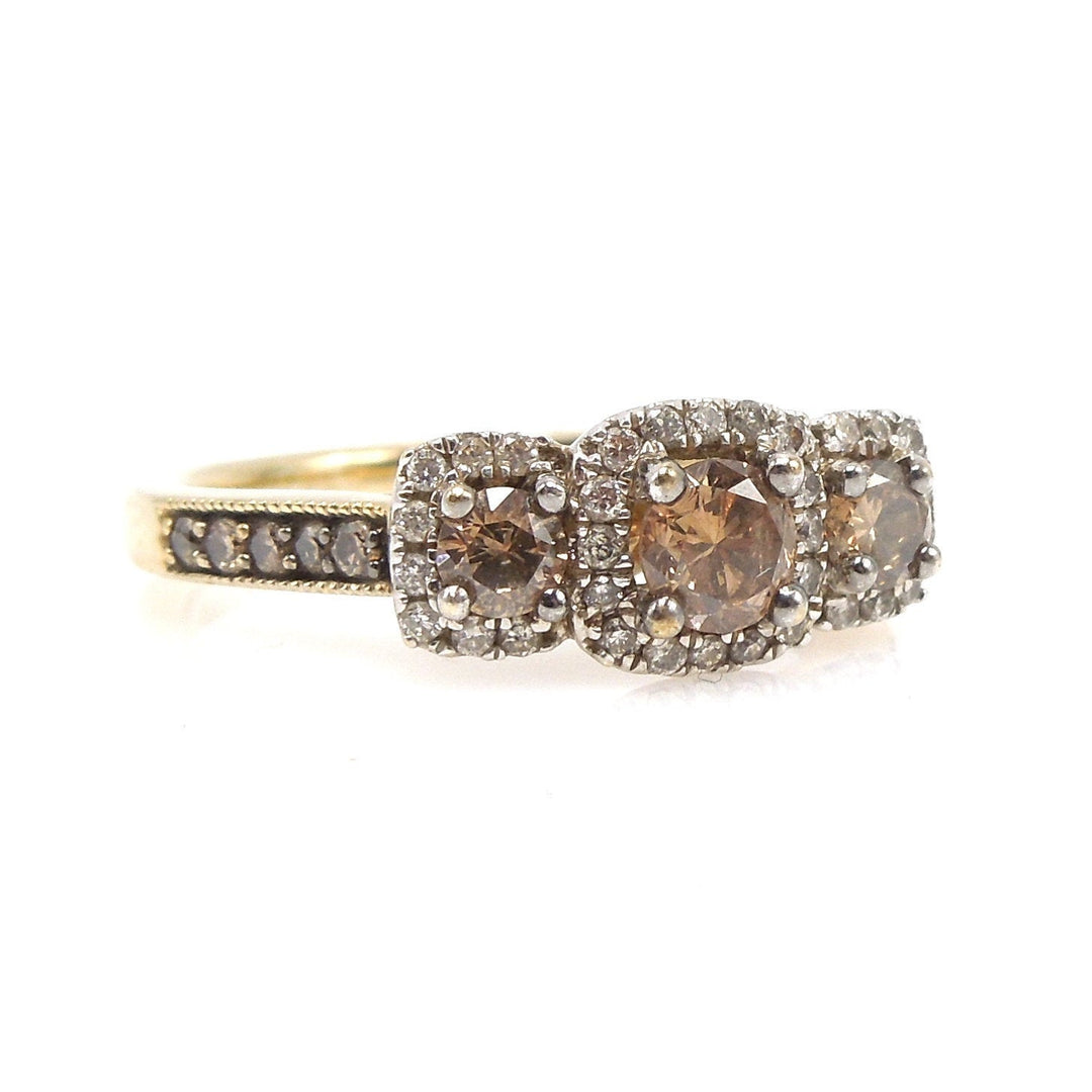 Three Stone Golden Brown Chocolate Diamond Triple Halo Engagement Ring