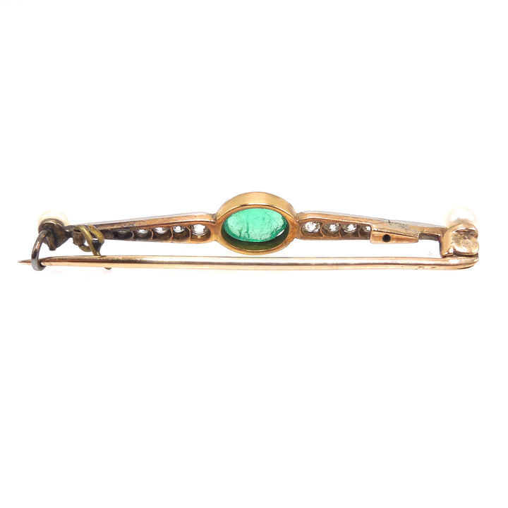 Antique Edwardian Emerald and Diamond Bar Brooch with Pearls in Yellow Gold and Platinum