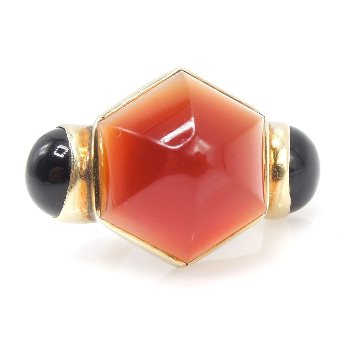 Vintage Yellow Gold Geometric Ring with Hexagonal Carnelian and Round Onyx