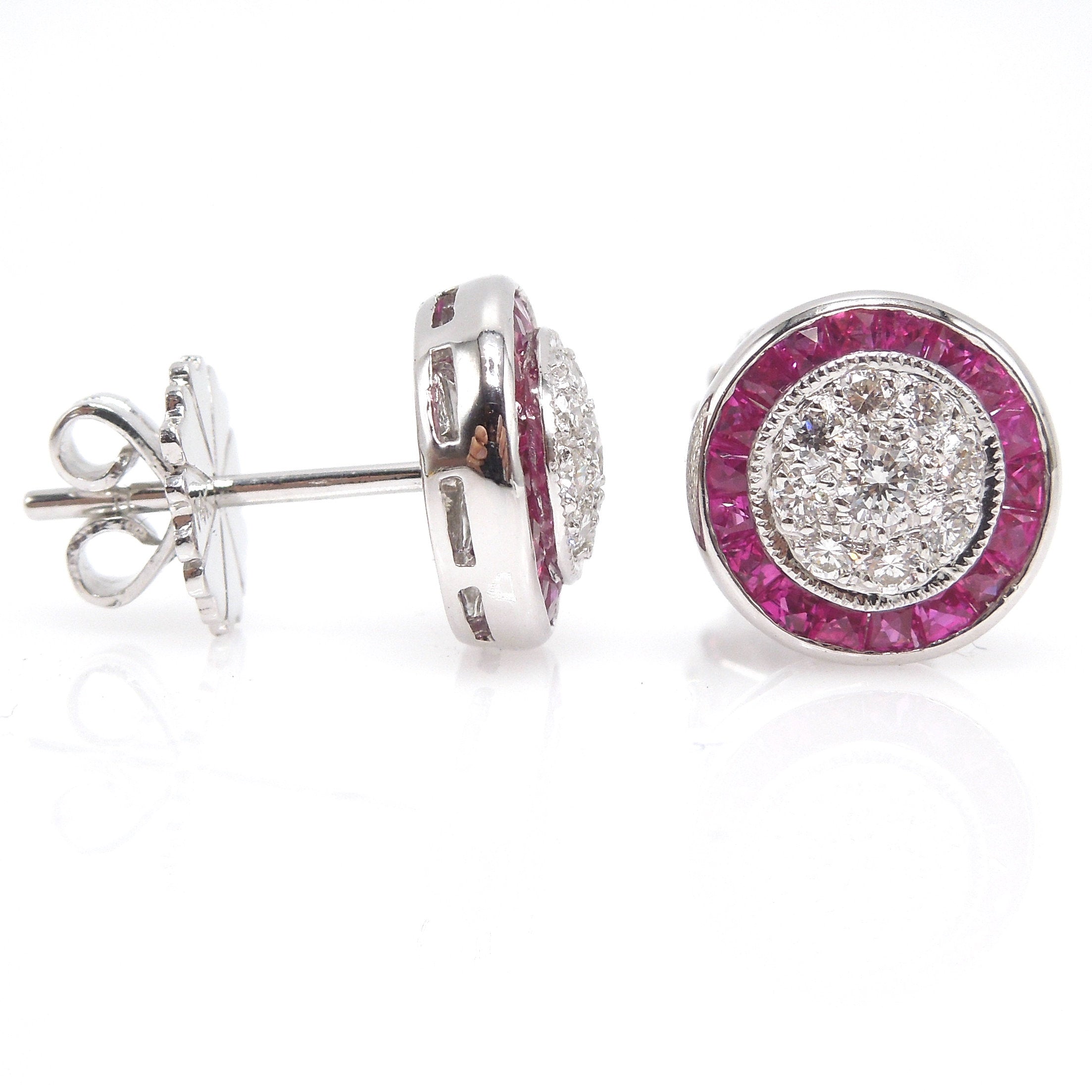 Diamond Cluster Stud Earrings with French Cut Ruby Halo in White Gold