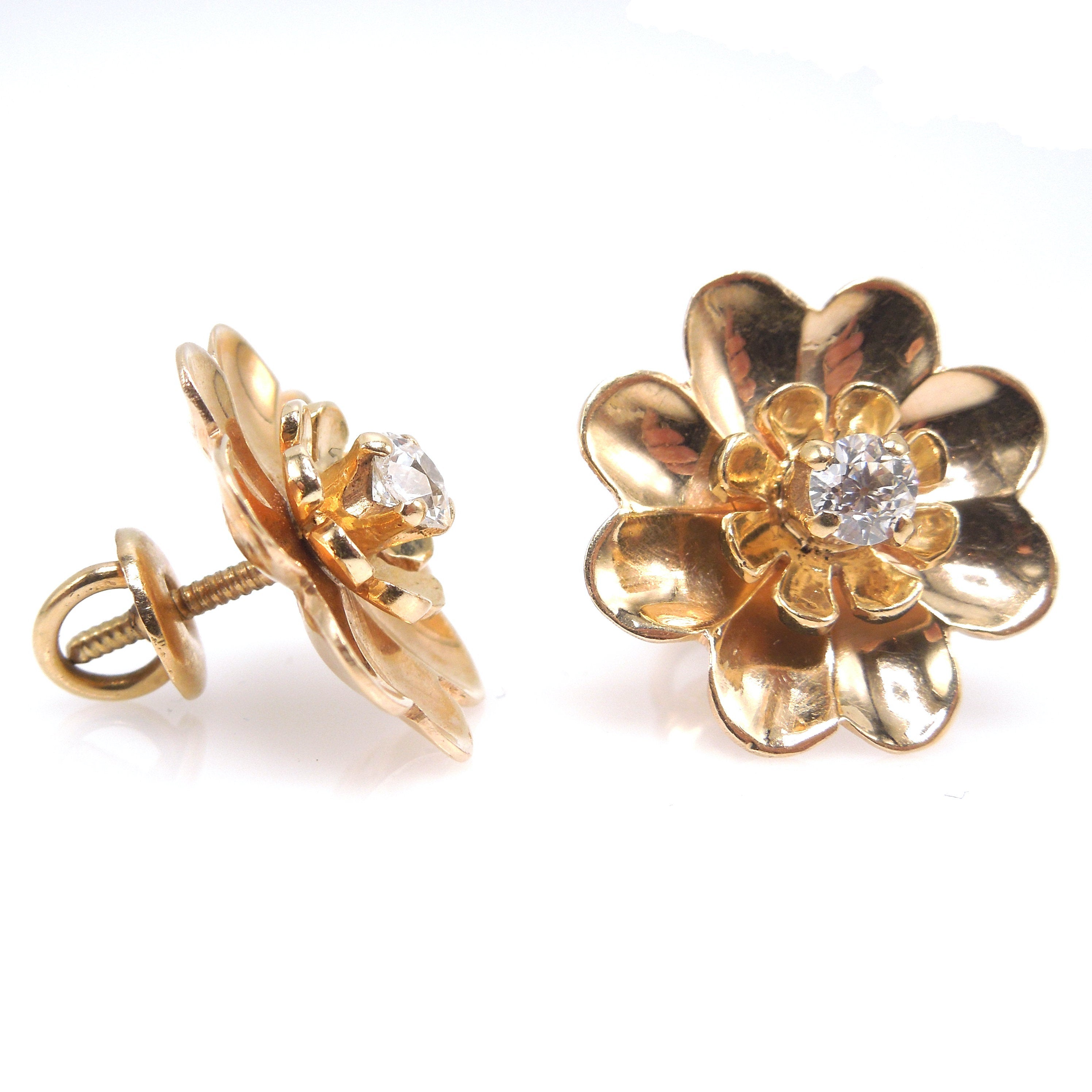 Antique 14K Yellow Gold Daisy Flower Screwback Earrings with European Cut Diamonds
