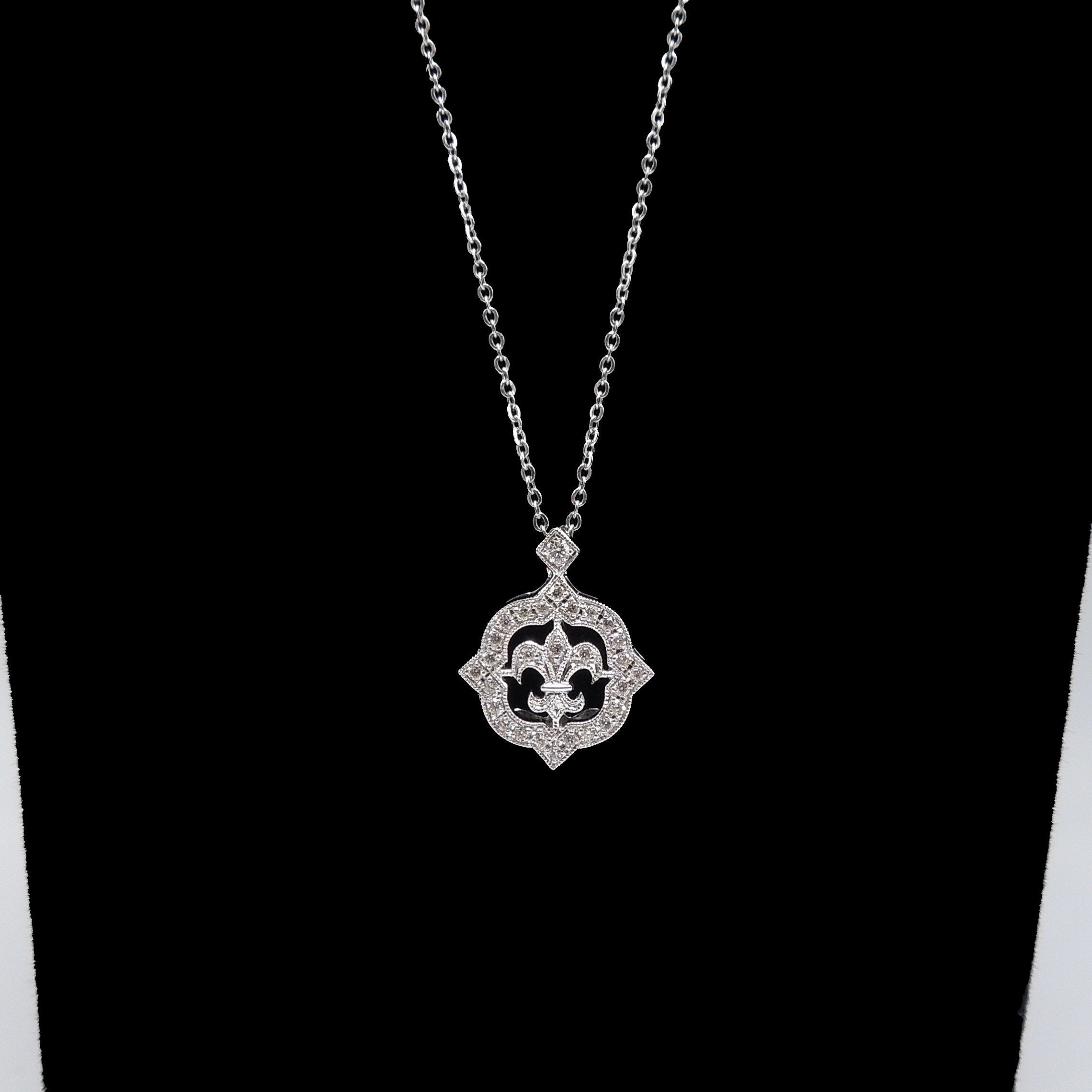 Petite Fleur-de-Lis Pendant on Dainty Rolo Chain - White Gold and Diamond