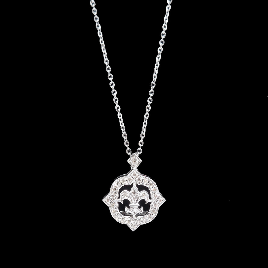 Petite Fleur-de-Lis Pendant on Dainty Rolo Chain - White Gold and Diamond