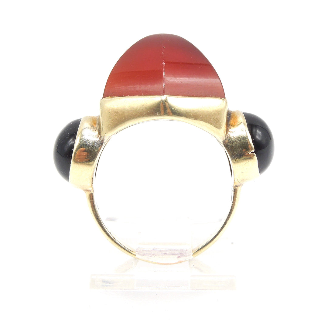 Vintage Yellow Gold Geometric Ring with Hexagonal Carnelian and Round Onyx
