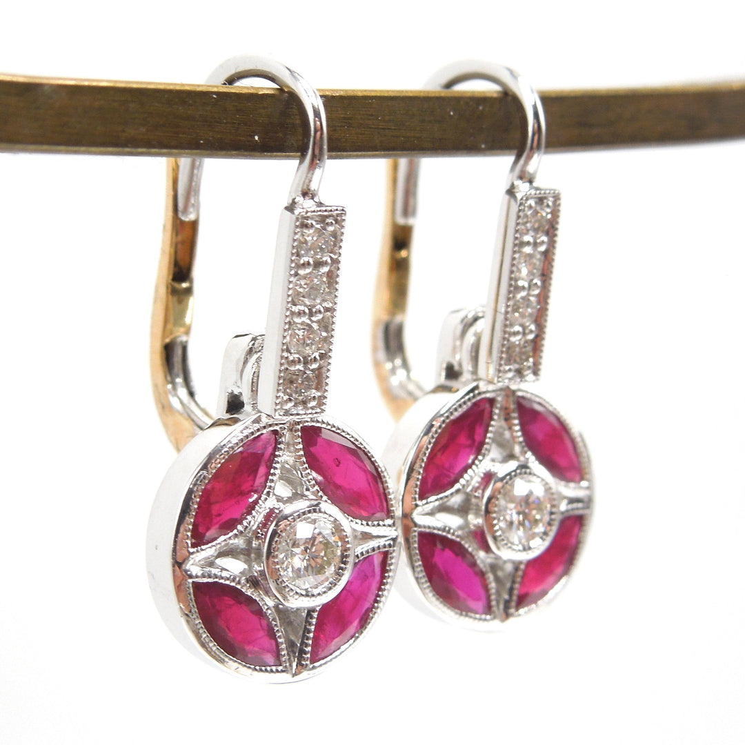 Art Deco Style Ruby and Diamond Bicolor Gold Lever Back Earrings