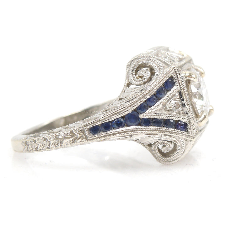 Art Deco Style 1.40ct Diamond Engagement Ring with Sapphire Accents in 14K White Gold