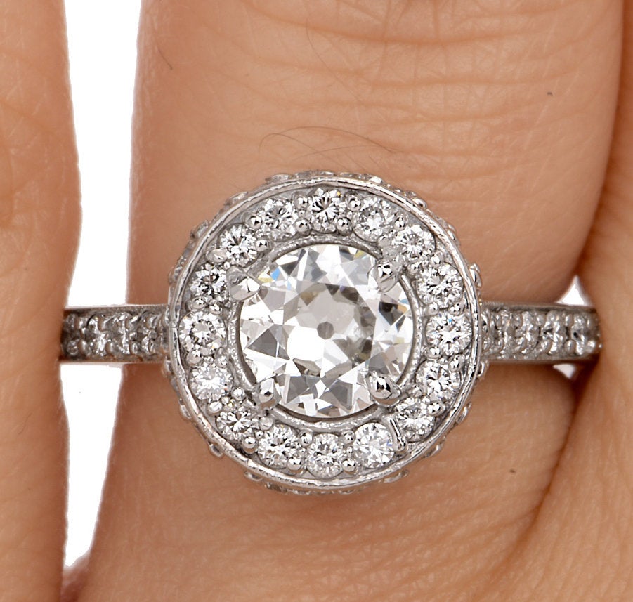 0.72ct European Cut Diamond in White Gold with Diamond Halo