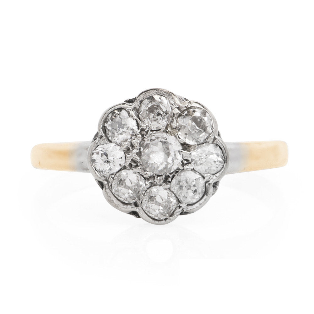 European Cut Floral Cluster Ring in Bicolor 14K White and Yellow Gold