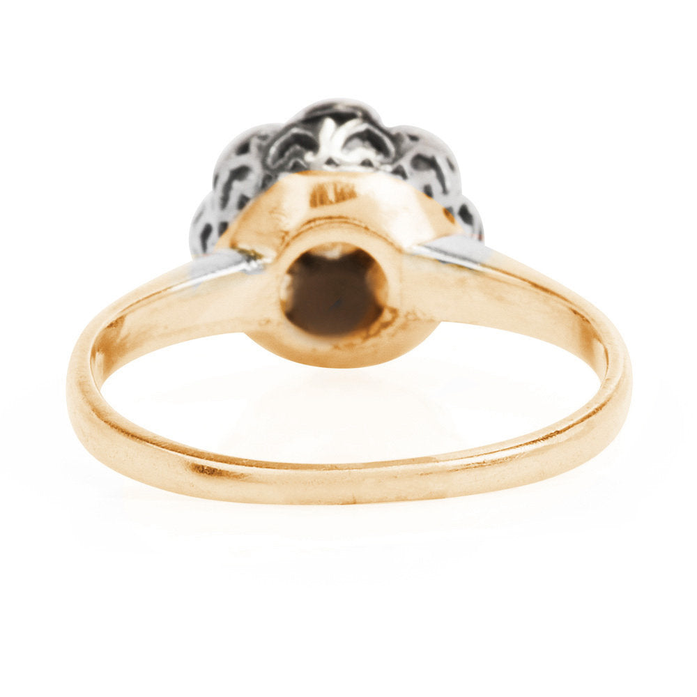 European Cut Floral Cluster Ring in Bicolor 14K White and Yellow Gold