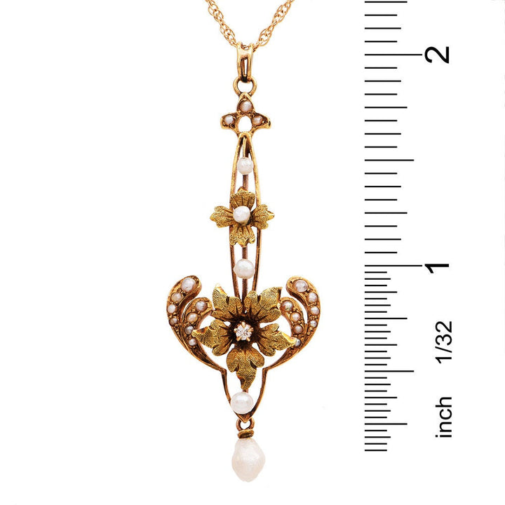 Antique Art Nouveau Gold Floral Necklace with Diamond, Seed Pearl, and Dogtooth Pearl