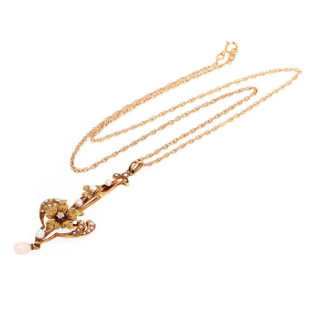 Antique Art Nouveau Gold Floral Necklace with Diamond, Seed Pearl, and Dogtooth Pearl