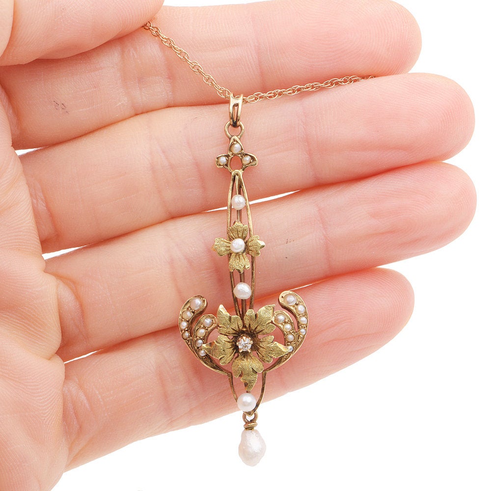 Antique Art Nouveau Gold Floral Necklace with Diamond, Seed Pearl, and Dogtooth Pearl