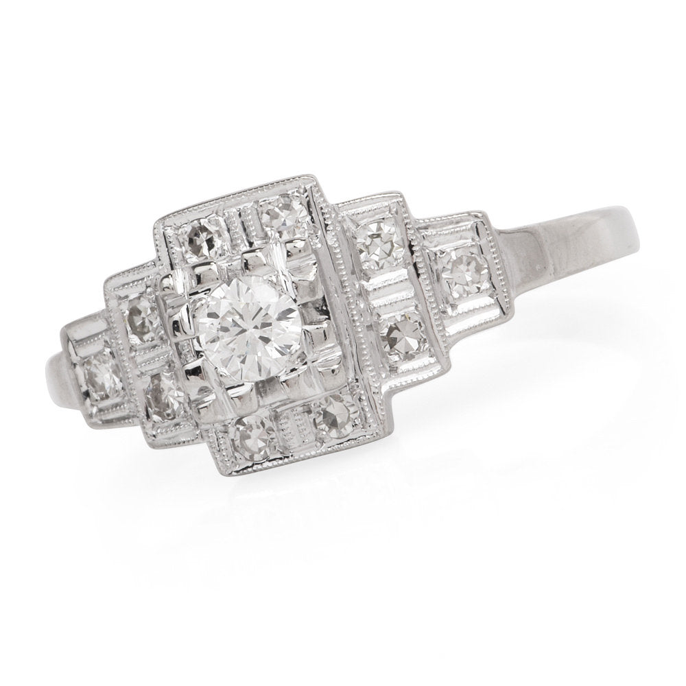 Vintage Geometric Square Shaped Diamond Engagement Ring in White Gold